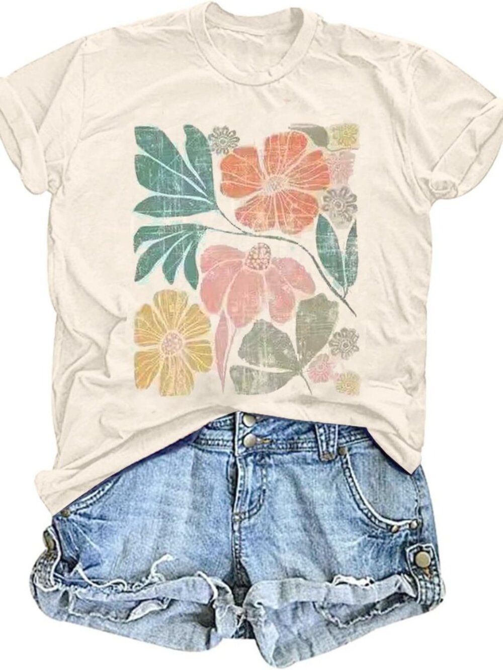 Women's Vintage Floral T Shirt Boho Wildflower Graphic Loose Tees Short Sleeve